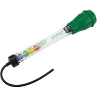 Clear tube Draper Disc Type Anti-Freeze Tester with green cap, black hose, and colorful floating discs inside.