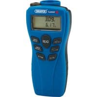 Blue Draper distance measure and stud detector with laser pointer, LCD screen, and black control buttons.
