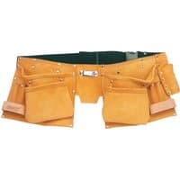 Draper Double Leather Tool Belt with multiple tan pockets and silver rivets, featuring a green interior lining.