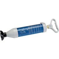 Blue and white Draper Drain Blaster with a pump handle and rubber plunger attachment.