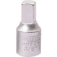 Silver Draper drain plug key, 3/8 square drive, cylindrical shape with engraved branding and size markings.