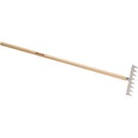 Draper Heritage Junior stainless steel garden rake with wooden handle and eight metal tines.