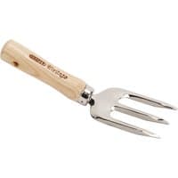 Stainless steel weeding fork with three prongs and a smooth wooden handle engraved with "Draper Heritage."