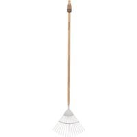 Stainless steel lawn rake with long ash handle and wide fan of metal tines.
