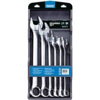 Silver Draper HI-TORQ metric spanner set, six pieces, open and ring ends, in a black plastic holder.
