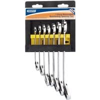 Silver Draper 7-piece metric ratcheting spanner set with yellow holder, featuring polished chrome finish and HI-TORQ design.