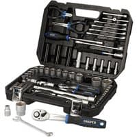 Black Draper HI-TORQ metric socket set in open case, featuring ratchets, sockets, and extensions with blue accents.
