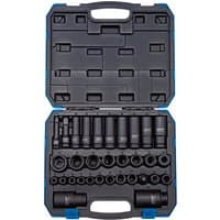 Draper impact socket set in blue case, 32 pieces with 3/8" and 1/2" square drive sockets neatly arranged.