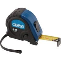 Blue and black Draper measuring tape, 8m/26ft x 25mm, with a retractable yellow tape and belt clip.