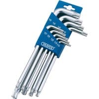 Draper TX-STAR 1/2 Ball End Key Set, 9 silver L-shaped keys in blue holder, varying lengths.