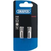 Draper TX-STAR Insert Bit pack, 1/4" hex, 25mm long, T10, two bits in clear plastic casing on branded card.
