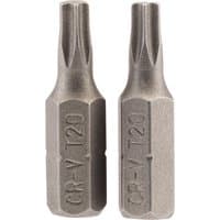 Pair of silver Draper TX-STAR T20 insert bits, 1/4" hex, 25mm long, with engraved markings.