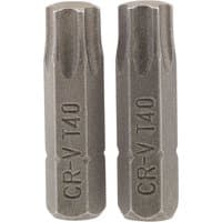 Two silver Draper TX-STAR T40 insert bits, 1/4" hex, 25mm long, with CR-V T40 marking.