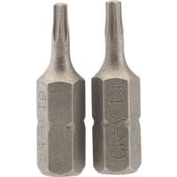 Two silver Draper TX-STAR insert bits, 1/4" hex, 25mm long, T9 size, with engraved markings.
