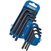Black Draper TX-STAR Security Key Set with six L-shaped keys in blue plastic holder.