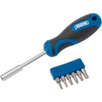 Blue and black soft grip screwdriver with six interchangeable bits in a blue holder.