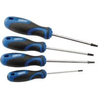 Black and blue Draper TX-STAR screwdrivers with soft grip handles, set of four with varying shaft lengths.