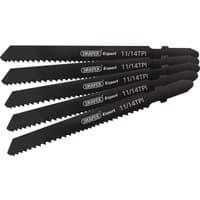 Black Draper DT118B jigsaw blade set, 92mm, 5 pieces with serrated edges and "Expert" branding.