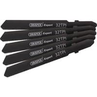 Black Draper DT118G jigsaw blade set, 92mm, 5 pieces, with 32 TPI and "Expert" branding on each blade.