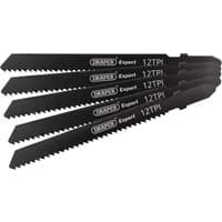 Black Draper jigsaw blade set, 92mm, 5 pieces, with 12 TPI and "Expert" branding on each blade.