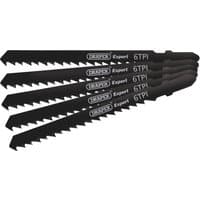Black Draper DT144D jigsaw blades, 100mm, 5-piece set with 6 TPI teeth, stacked and labeled "Expert".