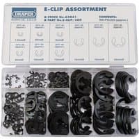 Draper E-Clip Assortment, 300 pieces, various sizes, black metal clips organized in a transparent plastic case.