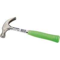 Draper claw hammer, 450g, with metallic head and bright green rubber grip handle.