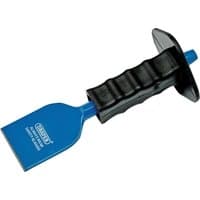 Blue Draper electrician's bolster with black ribbed hand guard and flat chisel blade, display packed.