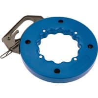 Blue Draper electrician's draw tape in round plastic case, 15m, with black handle and metal hook.