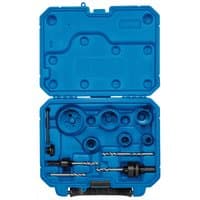 Blue Draper Electrician's Hole Saw Kit with 12 pieces, including various saw sizes and drill bits in a plastic case.