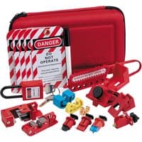 Red Draper Electricians Lockout Kit with various lockout devices, padlocks, tags, and a red carrying case.