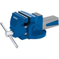 Blue Draper Engineer’s Bench Vice, 200mm, with silver handle and sturdy jaws on a swivel base.