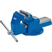Blue Draper Engineers Vice, 100mm, with silver jaws and rotating base, featuring a long handle for tightening.