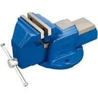 Blue Draper Engineers Vice, 150mm with silver handle and textured jaws, mounted on a rotating base.