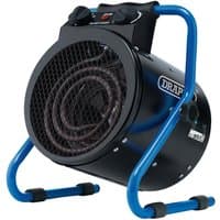 Black Draper ESH2000F electric space heater with blue frame, circular design, and front mesh grill.