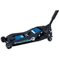 Black and blue Draper Evolution Trolley Jack, 3-tonne capacity, with a long handle and four wheels for mobility.