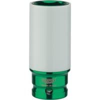 Green and white Draper Expert HI-TORQ wheel nut socket, 23mm, with 1/2" square drive for alloy wheels.