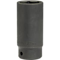 Black Draper Expert deep impact socket, 27mm size, with 1/2" square drive, cylindrical shape, and engraved markings.