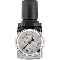 Black and silver Draper Expert 1/4" BSP regulator unit with pressure gauge displaying bar measurements.