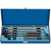Blue Draper Expert hex key set in metal case with foam insert, featuring 10 extra-long black metric hex keys.