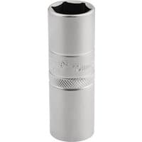 Satin chrome spark plug socket, 10mm thread, 6-point, 1/2" square drive, textured grip, by Draper Expert.