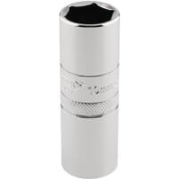 Silver Draper Expert spark plug socket, 10mm thread, 6 point, 1/2" square drive, 16mm, with knurled grip.