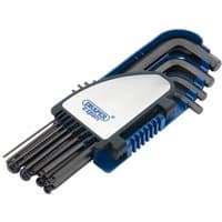 Draper Expert 12 piece hex key set with blue holder, featuring black hexagon and ball end keys.
