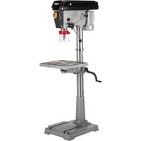 Draper Expert floor drill, 12-speed, 1500W, silver and black with adjustable table and red safety switch.