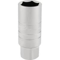 Satin chrome spark plug socket, 12mm thread, 6-point design, 3/8" square drive, textured grip, by Draper Expert.