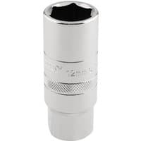 Silver Draper Expert 12mm spark plug socket, 6-point design, 1/2" square drive, 18mm length, knurled grip.