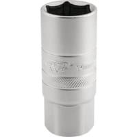 Satin chrome spark plug socket, 14mm thread, 6-point design, 1/2" square drive, 21mm size, by Draper Expert.