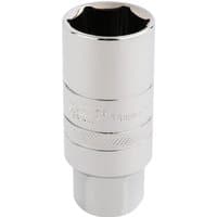Silver Draper Expert spark plug socket, 14mm thread, 6-point design, 3/8" square drive, 21mm length, knurled grip.