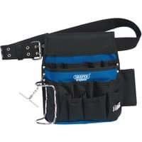 Black and blue Draper Expert tool pouch with 16 pockets, adjustable belt, and metal hammer holder.