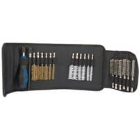 Draper Expert 20 Piece Wire Brush Set with assorted brass, nylon, and steel brushes in a black folding case.